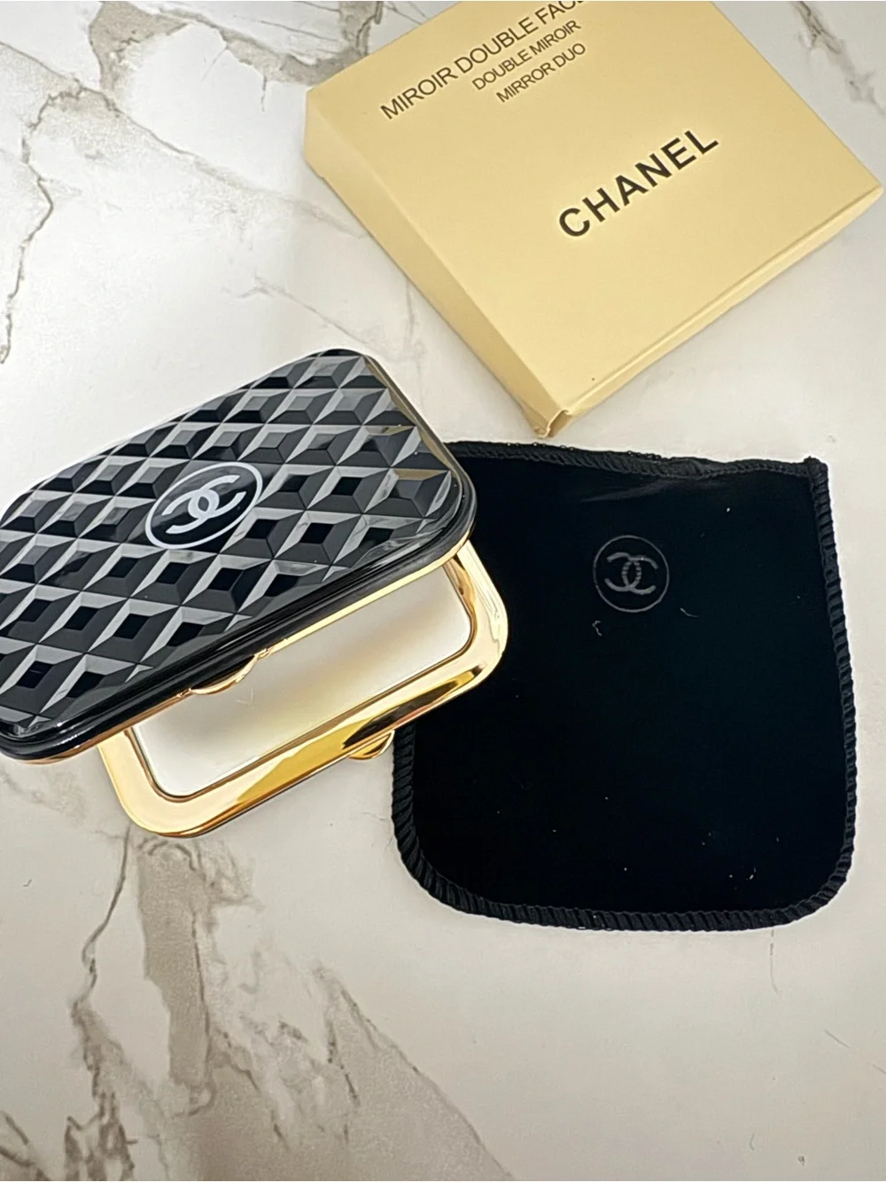 CHANEL Black & Gold Compact Double Mirror with Quilted Lid